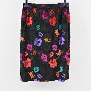 Vtg Floral Skirt Sz S Velvet Metallic Black Bright Flower Pencil 80s FRANK USHER